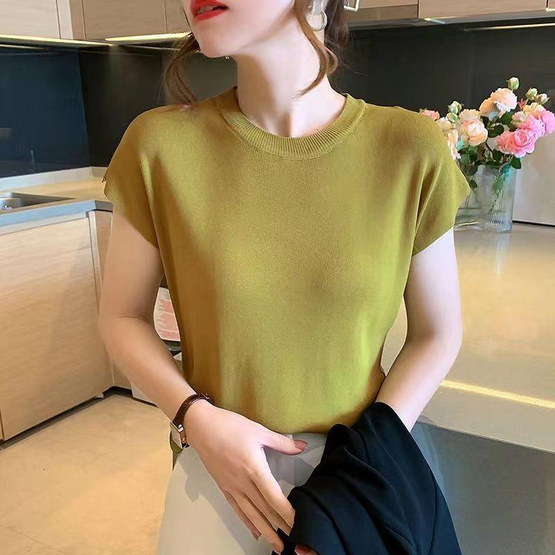 Áo ngắn Tay Cho Nữ, Phong Cách Hàn Quốc, Áo Len Mỏng, Cổ Tròn Nữ, Màu Trơn Dáng Rộng Vừa Vặn, Áo Thun Dệt Kim, Áo Sơ Mi Lụa Lạnh Mùa Hè, Trang Phục Nữ, Hàng Mới Về 3