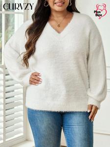 CURVZY Plus Size Solid Bishop Sleeve V Neck Fuzzy Sweater, Casual Long Sleeve Jumper for Fall & Winter, Women's Clothing for Daily Wear
