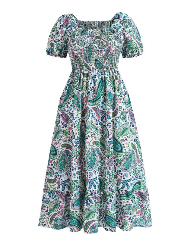 【Plus Size】Frenchy Style Ditsy Floral Print Puff Sleeve A Line Maxi Dress, Square Neck Shirred Dress, Dresses for Women, Dresses for Women, Women's Clothes for Summer, Summer Dresses, Womenswear 7