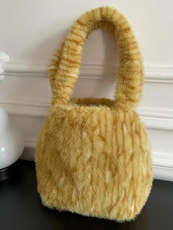 Cute Bear Ear Design Hat & Scarf & Bucket Bag Set, Casual Plush Tiger Pattern Hat & Scarf & Bag Set for Women & Men, Fashion Accessories for Daily Wear 7