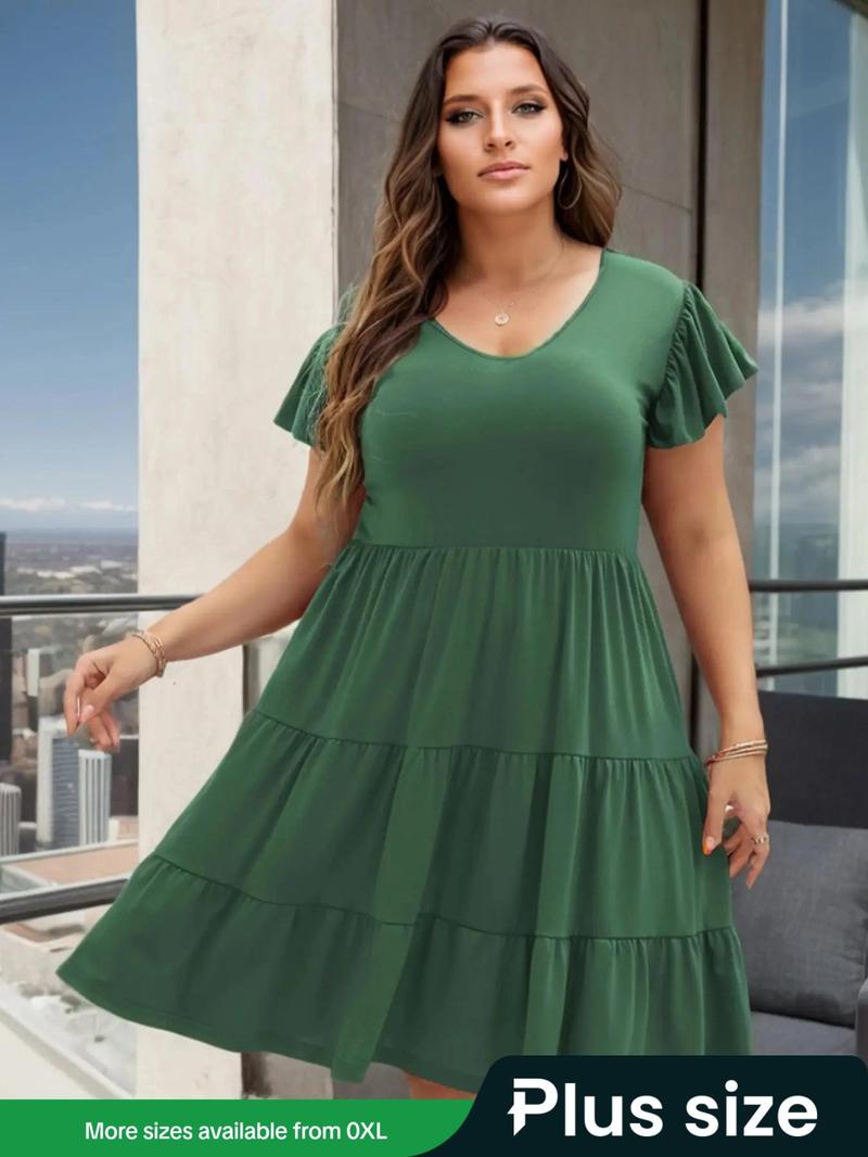 Product Introduction of 【Plus Size】 Solid Color Ruffle Hem Dress, Elegant Short Sleeve V Neck Dress for Women, Women's Plus Clothing for Summer 1