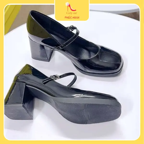 [Phúc Minh.] Giầy Cao Gót  Nữ 7 Phân Dây Hậu Khóa Cài Chất Liệu Da Bóng Phom Rộng  giàycaogót Shoes