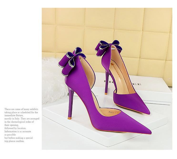 Product Introduction of 626-H36M European and American Style Banquet High Heels Stiletto High Heels Shallow Pointed Toe Side Cutout Rhinestone Back Bowknot Single Shoes kitten  heels 8