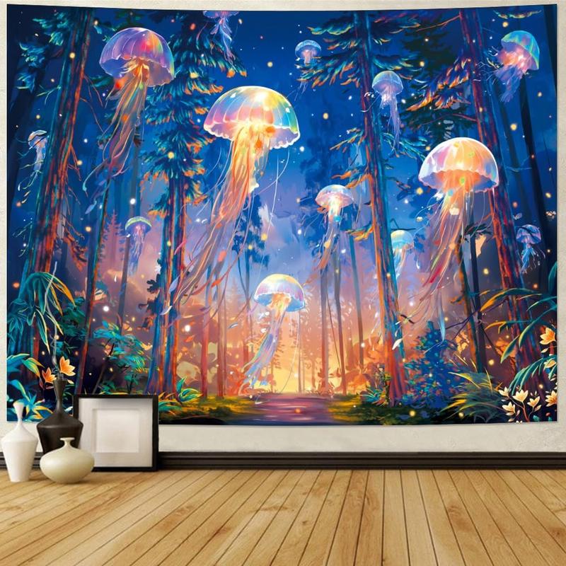 TikTok Shop Blacklight Forest Jellyfish Tapestry UV Reactive Nature Tree Tapestry Trippy Fantasy Starry Sky Tapestry Aesthetic Wall Tapestry Hippie Jungle Plants Tapestry Wall Hanging for Bedroom