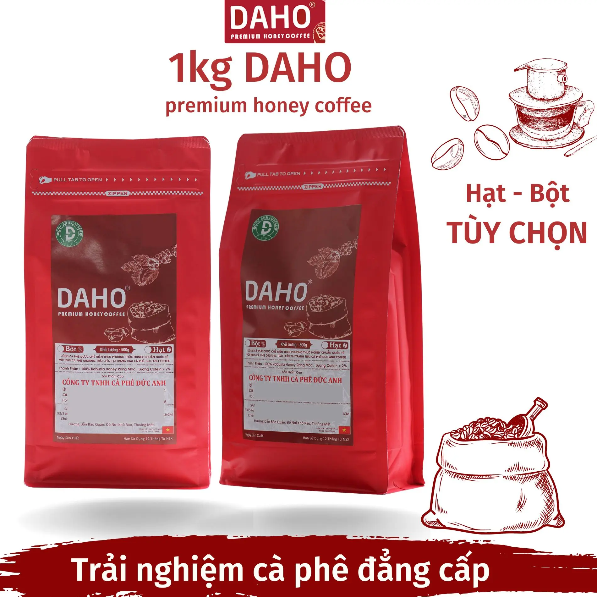 1kg DAHO Cà phê chế biến đặc biệt dùng pha phin, pha máy từ nông trại DUC ANH COFFEE 100% trái chín Cafe