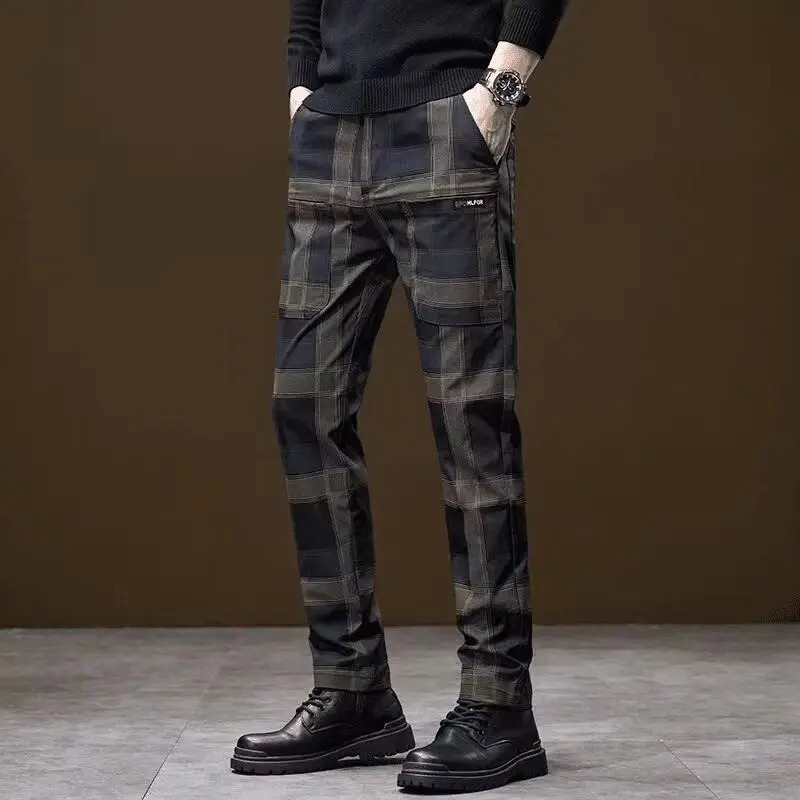 Men's Plaid Casual Pants Versatile Six Pockets Straight-Leg Pants