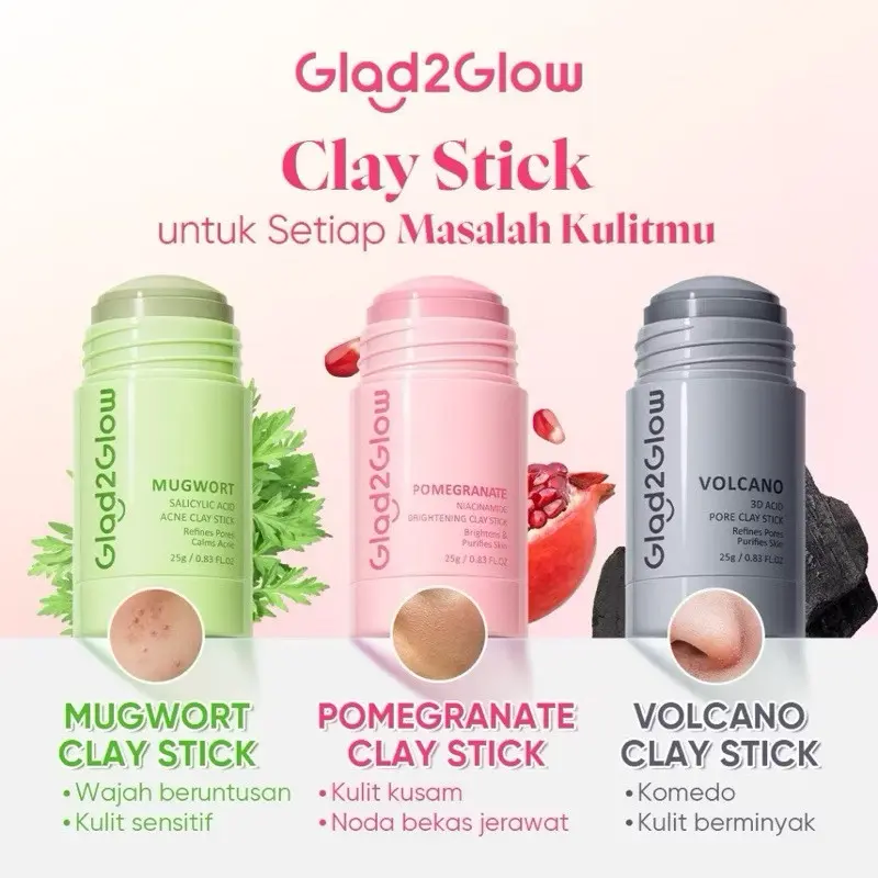 Glad2Glow Pomegranate Niacinamide Brightening Clay Stick Mugwort Acne Clay Mask | Volcano Clay Mask