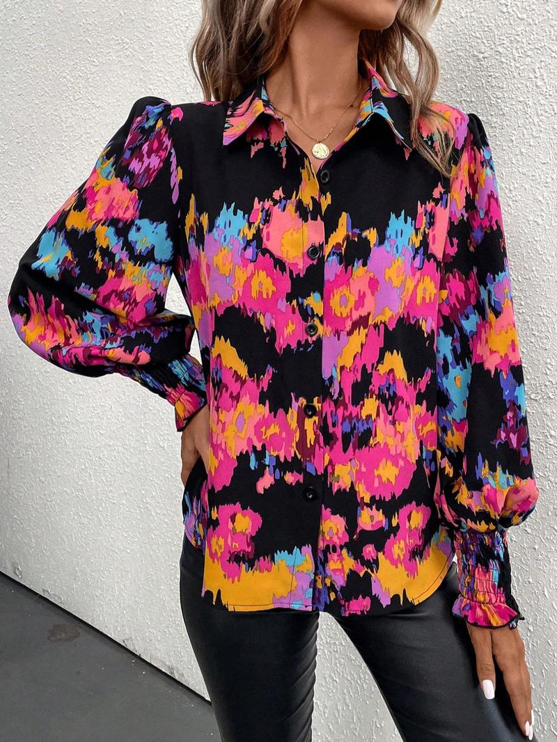Product Introduction of Women's Tie Dye Print Frill Trim Shirred Button Front Shirt, Casual Lantern Sleeve Top for Spring & Fall, Ladies Clothes for Daily Wear 4