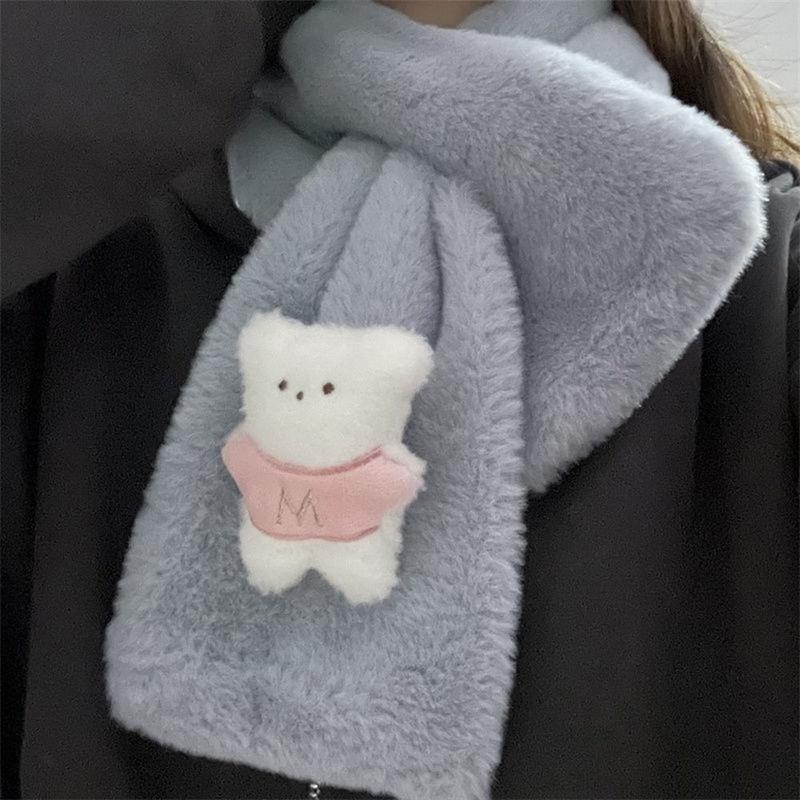 Product Introduction of Korean Cartoon Bear Plush Scarf Warm Comfortable Cross Neckerchiefs Thicken Plush Scarves Girl 13
