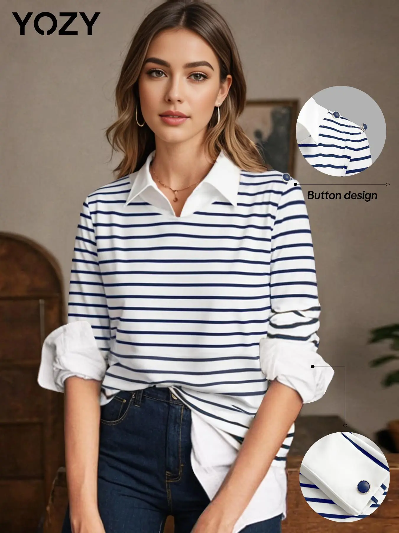 YOZY Women's 2 in 1 Striped Print Button Collar Blouse, Casual Long Sleeve Collared Top for Spring & Fall, Women's Clothing for Daily Wear