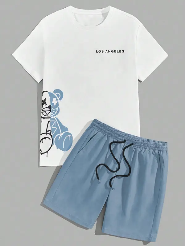 Two-Piece Set Men's Cartoon Bear & Letter Print Short Sleeve Tee & Shorts Set, Regular Fit Casual Round Neck T-shirt & Track Shorts, Summer Clothes Set for Men 4