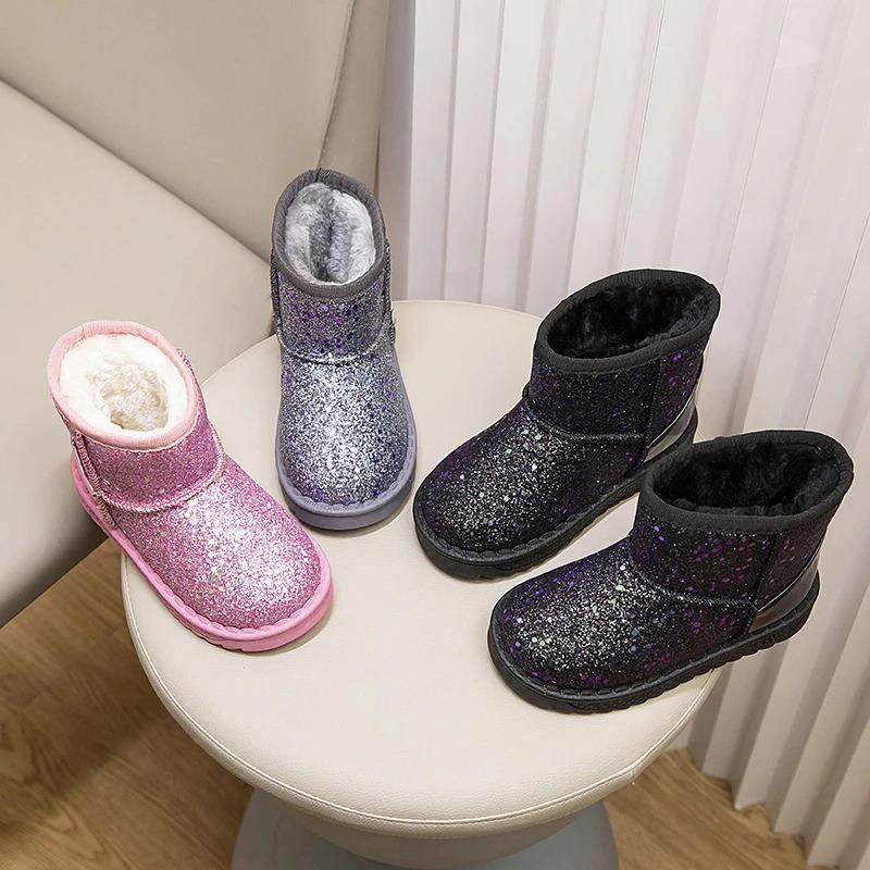 Product Introduction of Winter Girl's Snow Boots Glimmer Three Colors Thick Fur Kids Short Boot Warm Beautiful Stylish Slip-on Children Shoes 25-36 2