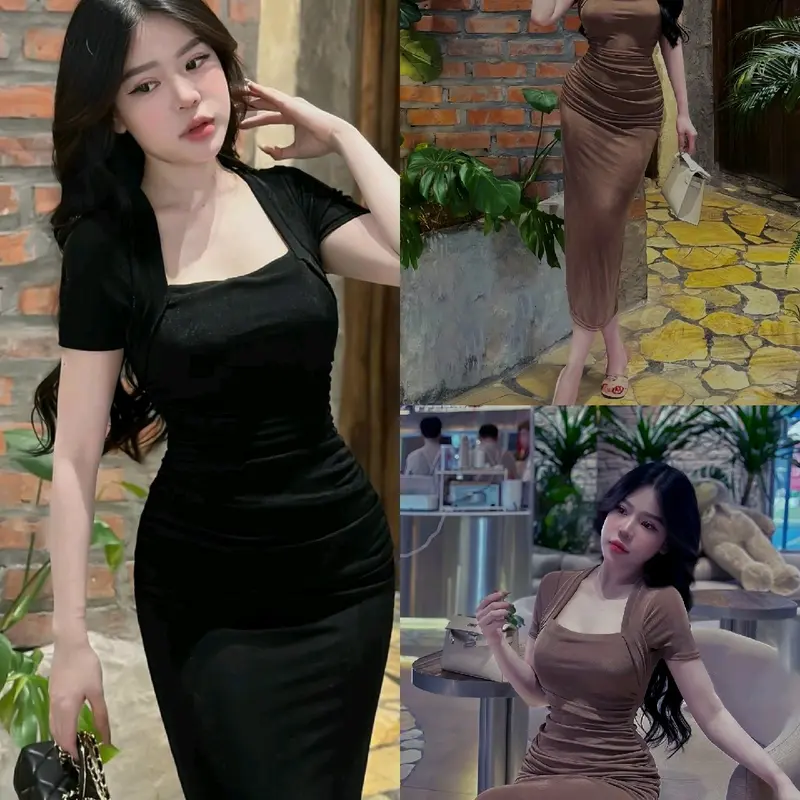 váy body cổ vuông chất thun lạnh dress ôm gọn Nữ Women 2