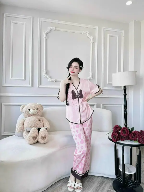 (40-76kg) Pijama Đồ bộ ngủ dành cho nữ cổ tròn tay ngắn quần cộc lụa xước ánh kim 40-76kg 8