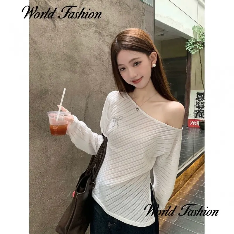 Bộ Đồ Hai Mảnh, Thời Trang, Dành Cho Phụ Nữ Và Trẻ Em Gái, Phong Cách Ngọt Ngào Áo Trễ Vai Dệt Kim Dài Tay Áo, Thích Hợp Cho Mùa Thu, 20240924