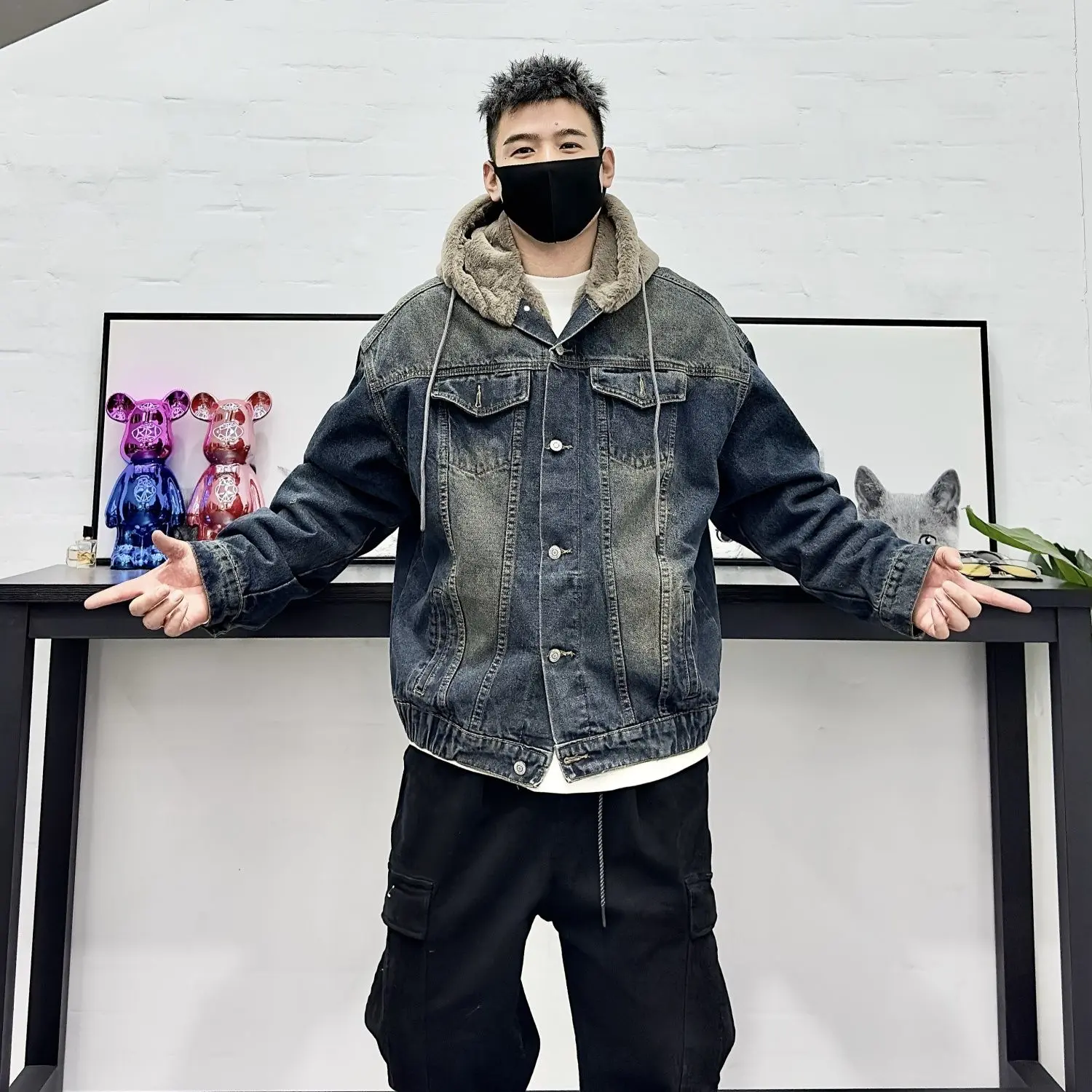 Áo Khoác Denim, Áo Khoác Nam, Lót Lông Cừu, Dày Dặn, Có Mũ Trùm Đầu, Quần Áo Mùa Đông, Phong Cách Cổ Điển Rửa Mỹ Ruan Shuai, Chất Lượng Cao, Hàng Mới Về Năm 2024