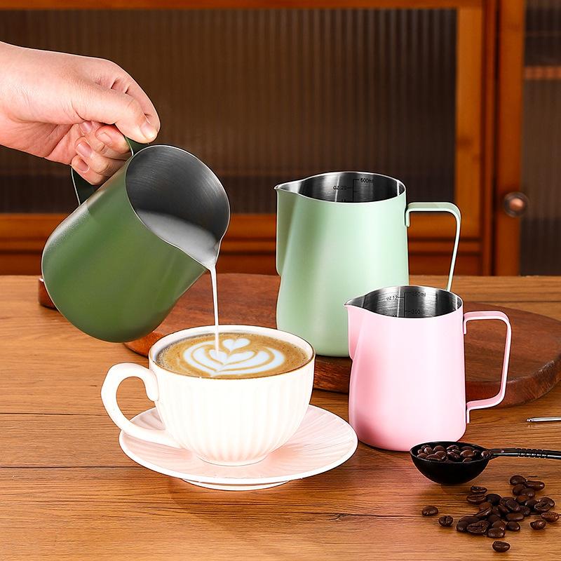 Product Introduction of Japanese style 304 stainless steel latte art jar, colorful latte art cup, milk cup, hand brewed milk foam cup, coffee product set 1