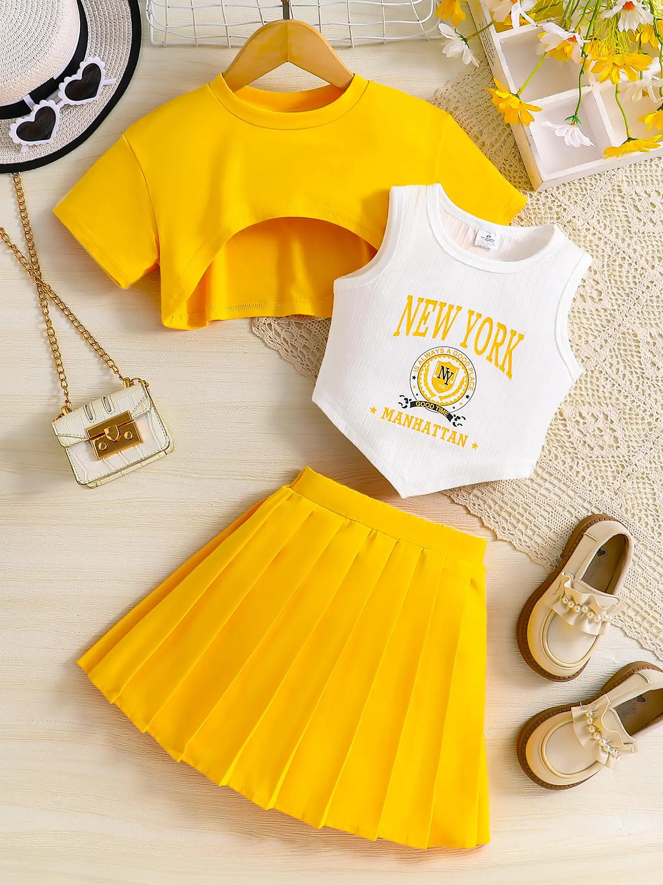 Toddler Girl's Letter Print Tank Top & Skirt & Crop Tee Three-piece Set, Casual Summer Clothes for Kids