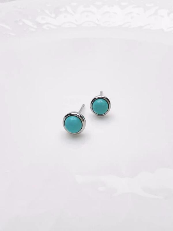 S925 Sterling Silver Round Shaped Turquoise Decor Earrings, Elegant Jewelry for Women, Trendy All-match & Exquisite Jewelry for Birthday Gift 5