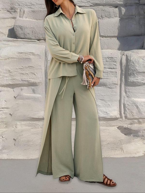 Women's Solid Color Top & Wide Leg Pants Two-piece Set, Casual Long Sleeve Top & Palazzo Pants for Spring & Fall, Women's Clothes for Daily Wear 8