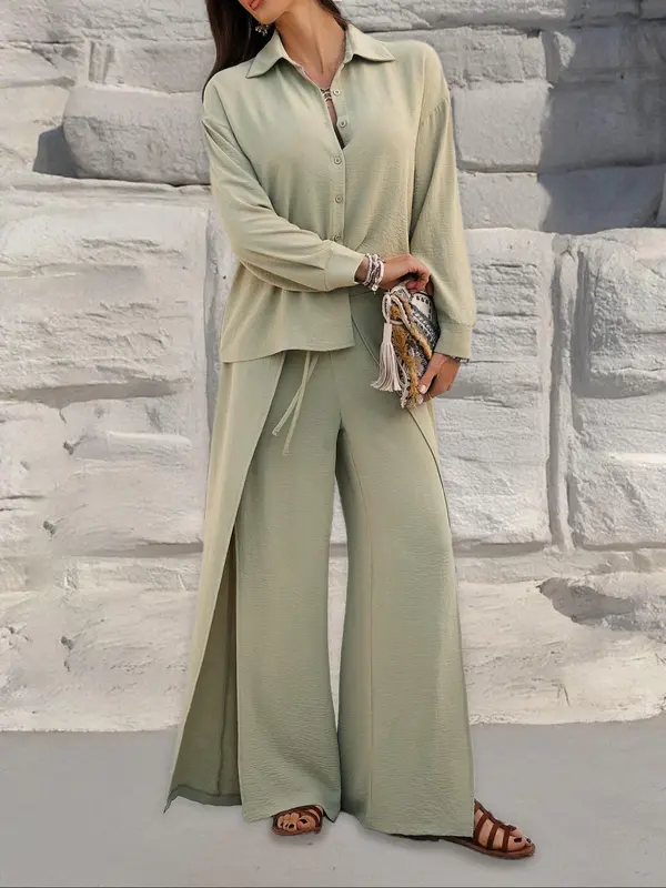 Women's Solid Color Top & Wide Leg Pants Two-piece Set, Casual Long Sleeve Top & Palazzo Pants for Spring & Fall, Women's Clothes for Daily Wear Womenswear Suits 8