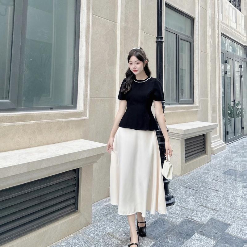 SE258 SET ÁO Nữ PEPLUM ĐÍNH NGỌC KÈM CHÂN VÁY MIDI XOÈ có túi 2 bên hông chất áo tuyết mưa và chân váy chéo hàn phù hợp đi tiệc đi chơi đi làm Women Top Kem