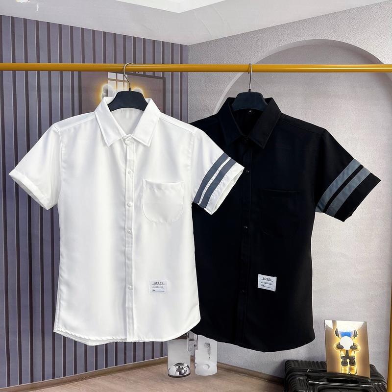 Áo sơ mi nam tay ngắn phối sọc xám viền tay  phối màu vải lụa dày dặn thoáng mát mẫu mới Menswear Shirt