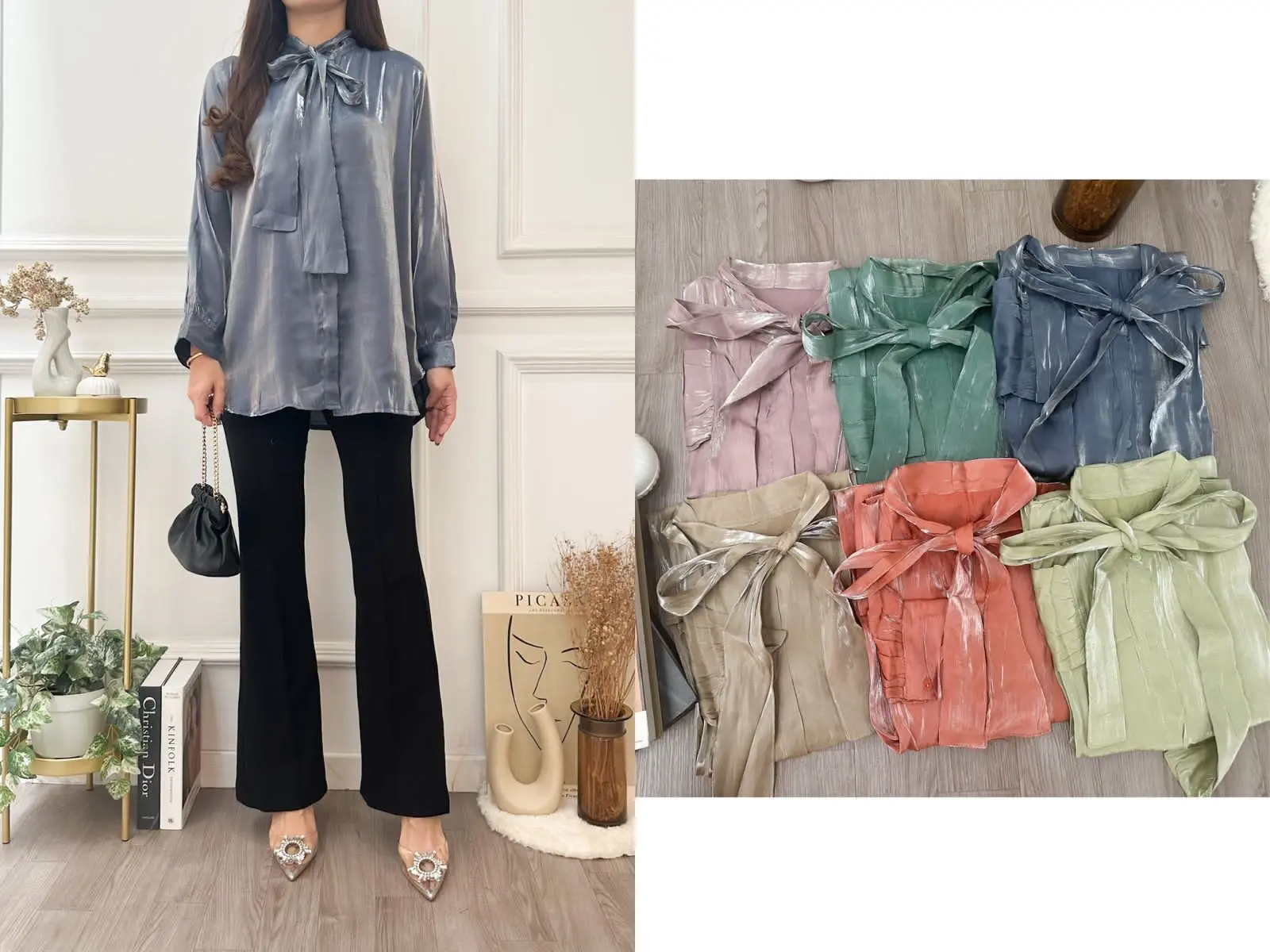 Atasan Kemeja Shimmer Premium Tali Pita Depan Wanita [KHANAYA] Variasi Top