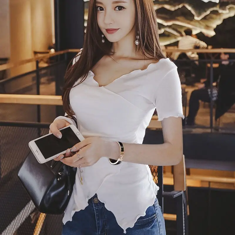 Áo Thun Nữ, ngắn Tay, Phong Cách Hàn Quốc, Dáng Ôm, Cổ Chữ V Chéo, Thời Trang, Viền Dây, Không Đều, Áo Cơ Sở