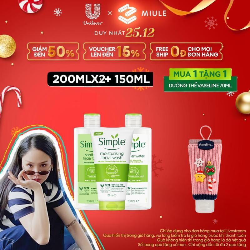 Combo 3 Simple Nước Tẩy Trang 200ml Sạch Sâu Ẩm Mịn + Sữa Rửa Mặt Cấp Ẩm Sâu 150ml + Nước Hoa Hồng Làm Dịu & Cân Bằng Da 200ml - Dành Cho Da Thường [4]