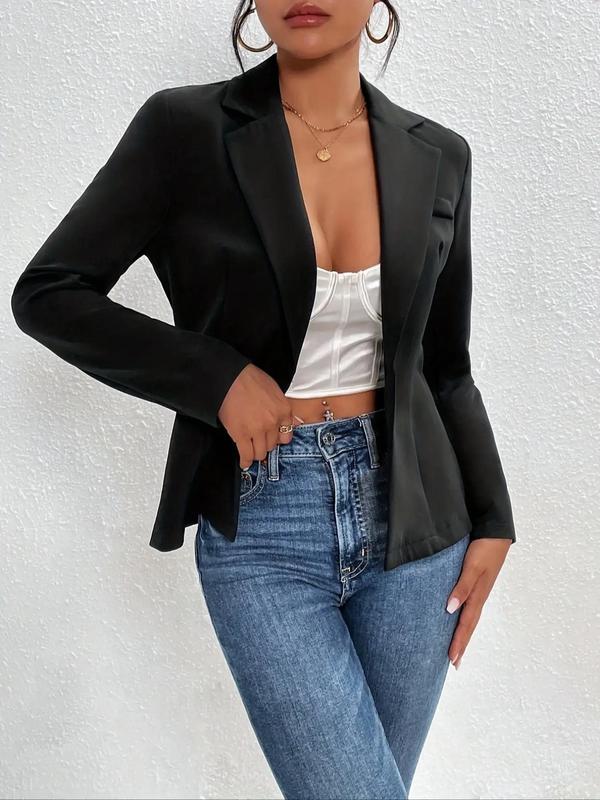 Women's Solid Button Front Blazer, Long Sleeve Lapel Neckline Blazer, Women's Clothing for Work Office Business 0