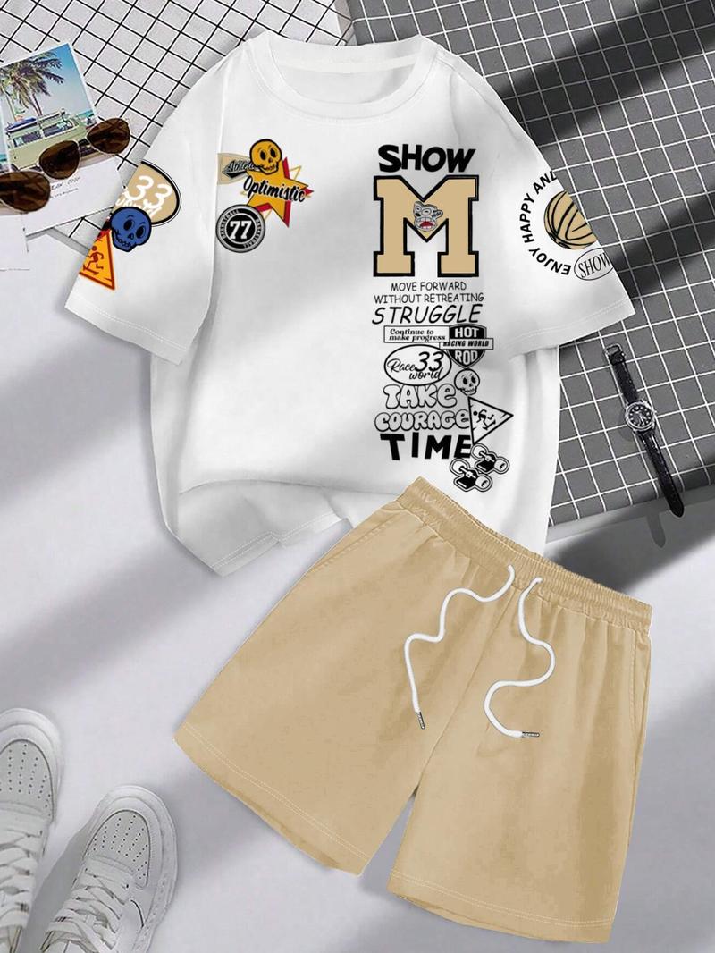 Product Introduction of Men's Letter Print Short Sleeve Tee & Shorts Two-piece Set, Regular Fit Round Neck T-shirt & Track Shorts, Casual Fashion Cozy Breathable Men Two-piece Outfits for All Seasons 6
