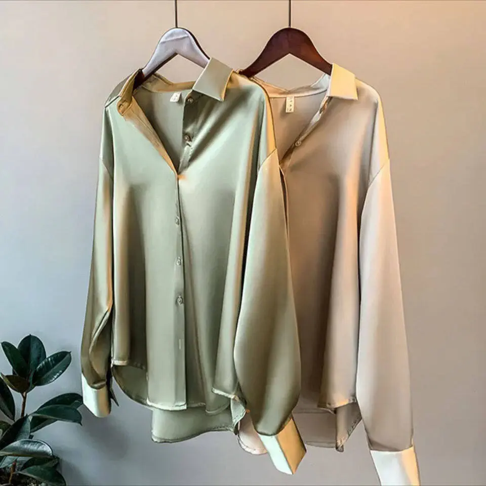 Cony Closet Satin Blouse For Woman Long Sleeve Plus Size Vintage Shirt Fashion Elegant Ladies Silk Office Wear White Formal Blouse Casual Tops Korean Style Clothes New Design 2022 Murah
