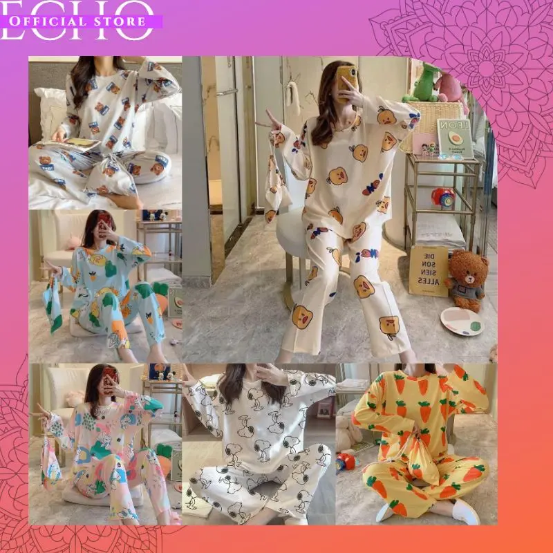 ECHO B14 - PAKAIAN WANITA BAJU TIDUR WANITA PIYAMA SET LENGAN PANJANG CELANA PANJANG PAKAIAN RUMAH WANITA IMPORT