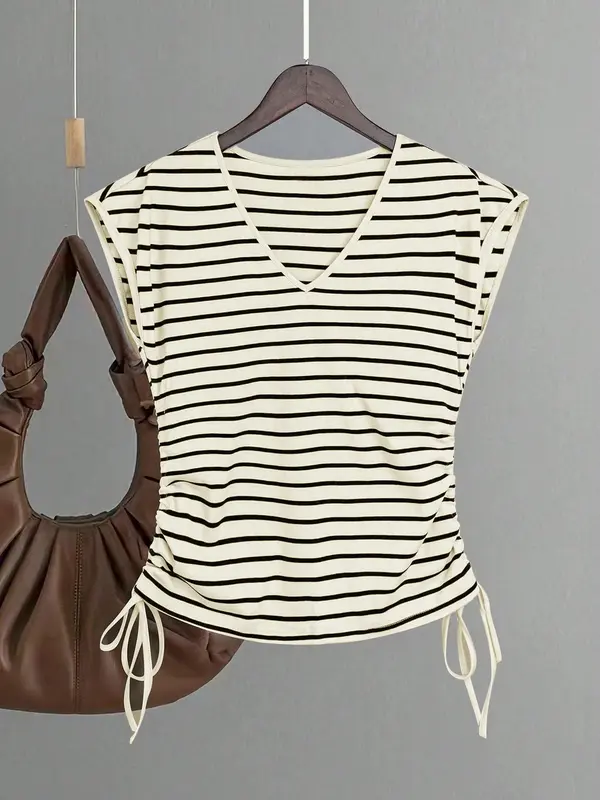Women's Striped Print Ruched Drawstring Tank Top, Casual Sleeveless V Neck Top for Summer, Ladies Clothes for Daily Wear 0