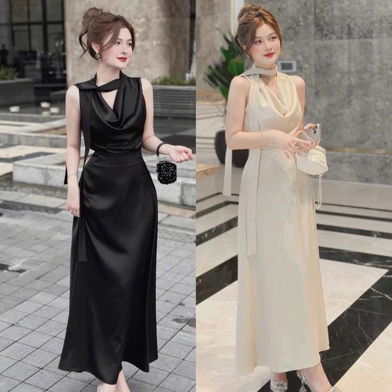 Đầm xinh sang chảnh liền thân lụa COLYN DRESS cổ đổ kín lưng phong cách đi tiệc đi chơi Nữ Kem Dress Women váy  phù dâu vay  mactet
