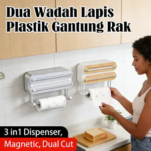 Pemotong & Penyimpanan 3-in-1: Tempat Tisu Dapur Multifungsi 2x Pisau Geser 2 Arah, Aksesoris Kulkas Magnetik, Organizer Kukus Modern, UK 30x20x10cm, Praktis & Inovatif