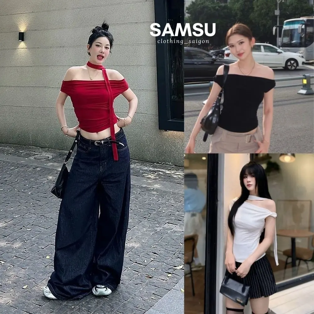 [MẮC 10 KIỂU - MÀU MỚI] Áo trễ vai nữ KÈM DÂY cộc tay thun cotton mềm mịn Z24 Samsu.clothing_saigon Top Kem Women Cổ Tròn