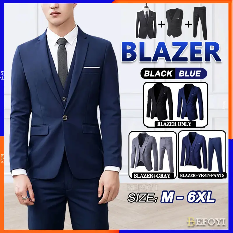 [Cadia] Local Delivery Men Blazer Set 3 piece Suit Tuxedo Formal Business Wedding Blazzer Korean Office Outerwear Coat Slack Pants Jacket baju kot lelaki