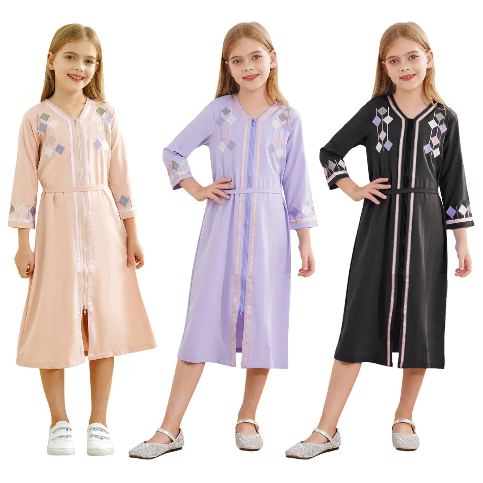 Runhomal Muslim Girls Abaya Dress for Kids Modest Long Sleeve Zipper Dubai Attire Maxi Kaftan Thobe