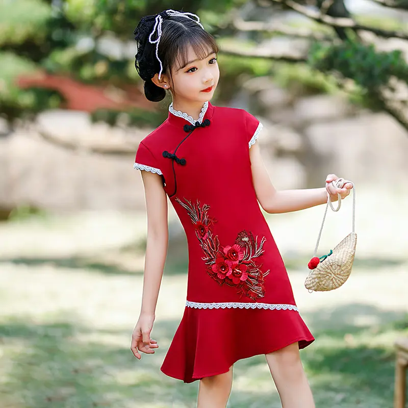 Quần Áo Mùa Hè, Sườn Xám Cho Bé Gái, Mỏng Và Nhẹ, Phong Cách Trung Quốc, Váy Hanfu Cô Gái Màu Đỏ, Phong Cách Cổ Điển Váy Sườn Xám Cải Tiến Cho Trẻ Em, Thích Hợp Cho Mùa Hè áo  dài vaybe váy bí ngô  cho bé gái áo  dài