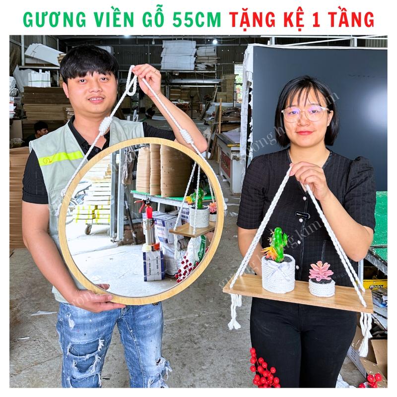 Mua gương tặng kệ decor, Gương treo tường Trang Trí Nhà, gương trang điểm viền gỗ đường kính 55cm Decor Phòng, tặng kệ 1 tầng và kèm dây thừng và phụ kiện treo không khoan tường.