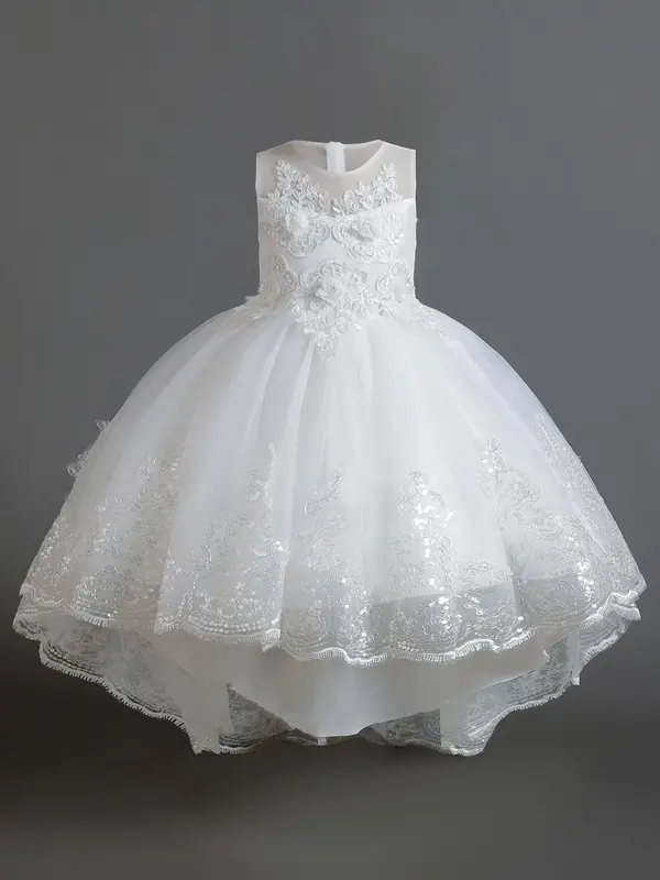 Girl's Contrast Lace Appliques Pearls High Low Hem Tulle Dress, Elegant Formal Sleeveless Zipper Back Fit & Flare Dress for Party Performance Wedding Guest, Kids Tutu Clothes for All Seasons, Tulle Overlay Dress 2