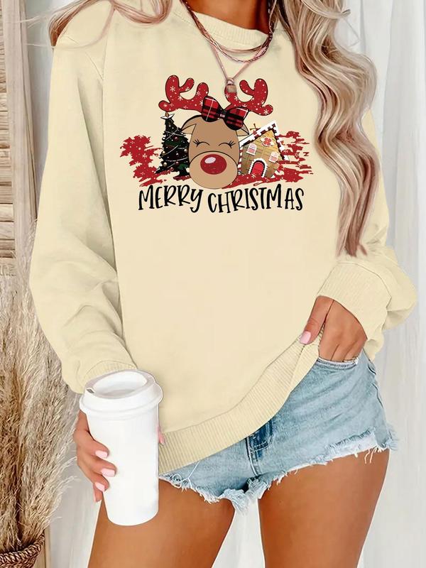 Women's Christmas Reindeer & House Print Drop Shoulder Sweatshirt, Casual Long Sleeve Round Neck Pullover for Daily Wear, Ladies Fall & Winter Clothes 1