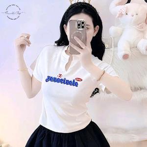 Áo Thun Nữ Cổ Trụ Chữ V In Chữ Zero Circle Z , Chất Vải Thun Borip, Voan Women Top Trắng Lịch Polo