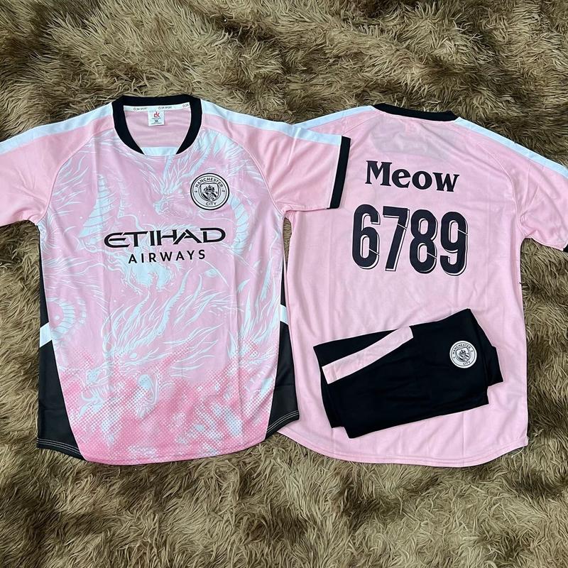 Bộ Quần Áo Bóng Đá Man City Trắng Hồng Vải Thun Mè Dk Thoáng Khí Logo Thêu Loc Sport Top Trang Phục
