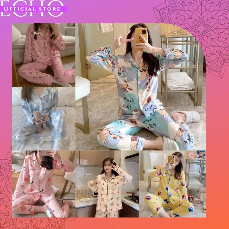 ECHO B25 - BAJU TIDUR PIYAMA SET KEMEJA CP LENGAN PANJANG CELANA PANJANG IMPORT PIYAMA KEMEJA BAJU TIDUR WANITA