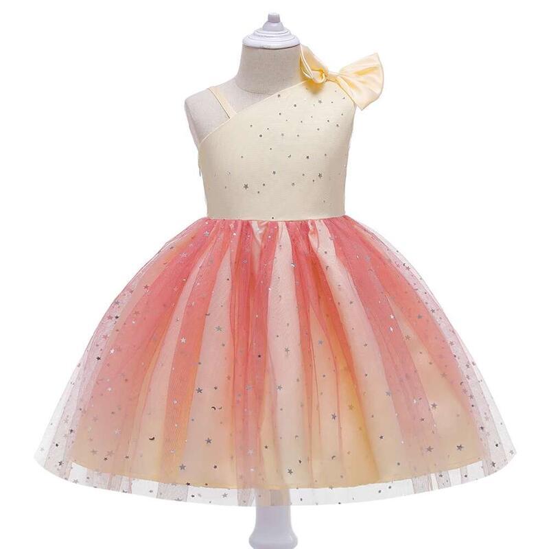 Fluffy Star Sequin Slant Shoulder Girls Dress Elegant Princess Party Wedding Bridesmaid Gown Birthday Girl Clothes Summer Dresse 4