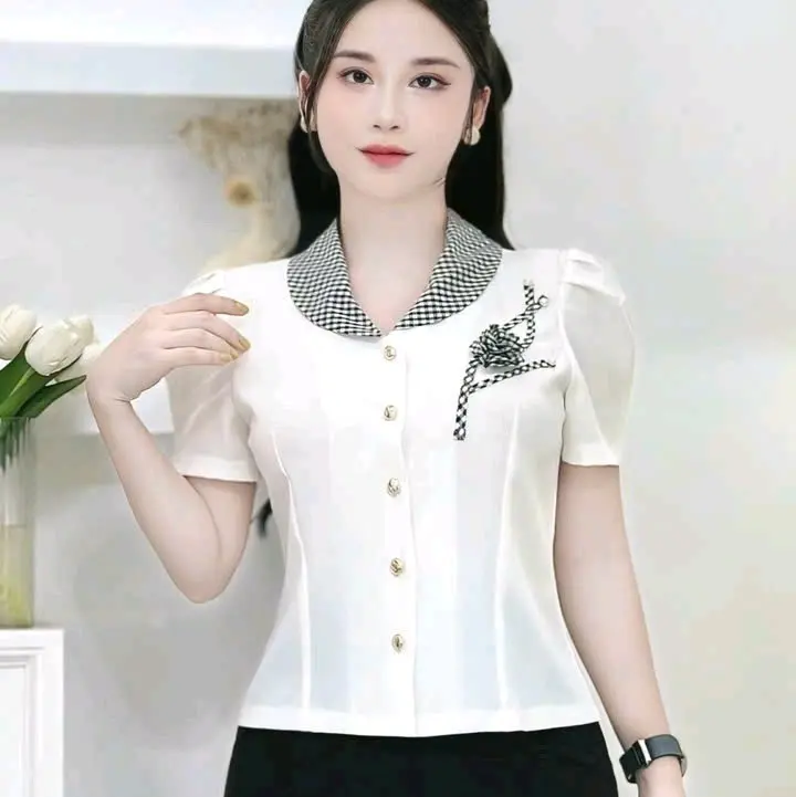 Áo kí giả phối CỔ SAM KẺ. tặng kèm hoa cài ngực - Phong cách trẻ trung và nữ tính - Women, Kem - Sen, Top Sơ Mi 3