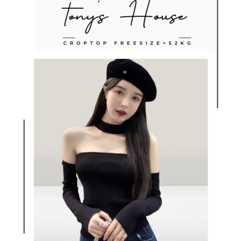 Áo  croptop bẹt vai phối cổ choker phong cách douyin, chất thun gân, freesize <52kg Nữ Sơ Mi Women Shirt Dáng Ngắn Cổ Tròn